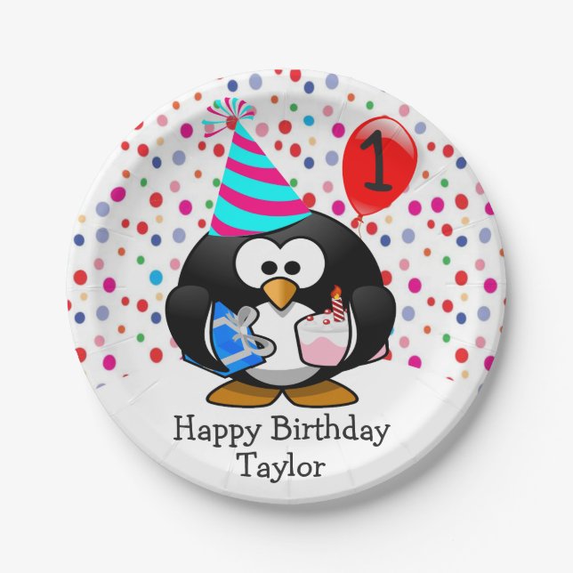 Niedlich Kid 1. Happy Birthday Pinguin Pappteller (Vorderseite)