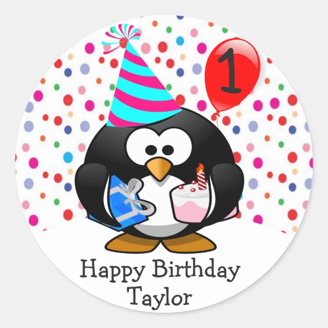 Niedlich Kid 1. Happy Birthday Pinguin Runder Aufkleber (Vorderseite)
