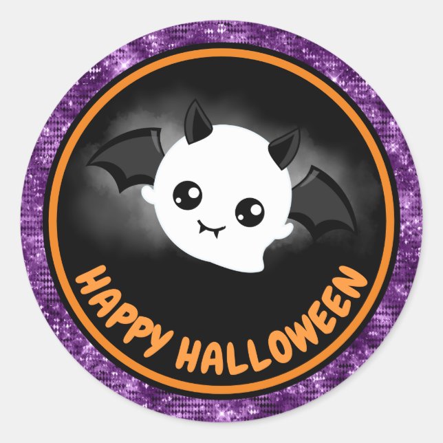 Niedlich Kids Bat & Lila Glitzer Happy Halloween Runder Aufkleber (Vorderseite)