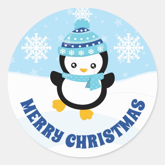 Niedlich Kids Blue Hat Penguin Frohe Weihnachten Runder Aufkleber (Vorderseite)