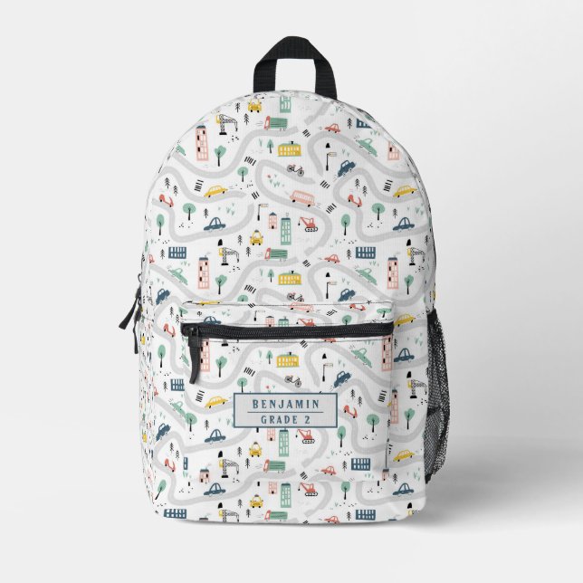 Niedlich Kids Cartoon Straßen Autos Stadtmuster Bedruckter Rucksack (Vorderseite)