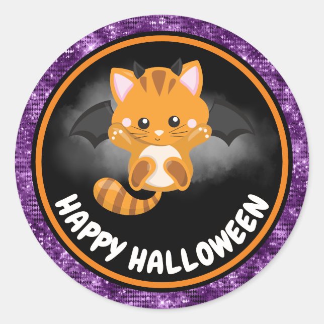 Niedlich Kids Cat & Lila Glitzer Happy Halloween Runder Aufkleber (Vorderseite)