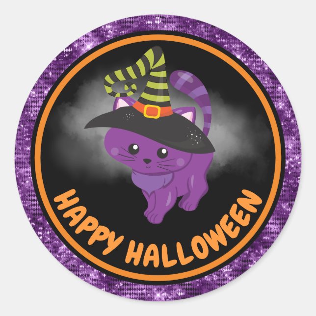 Niedlich Kids Cat & Lila Glitzer Happy Halloween Runder Aufkleber (Vorderseite)