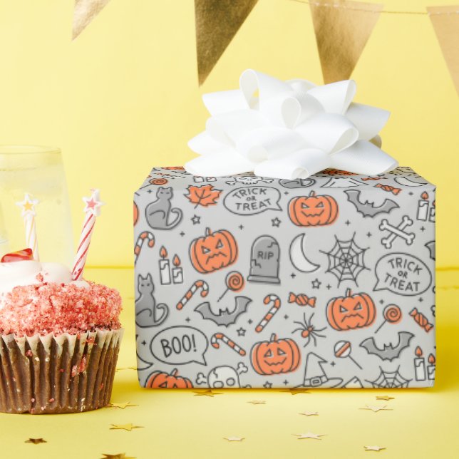 Niedlich Kids Halloween Doodle-Muster Geschenkpapier (Geburtstagsparty)