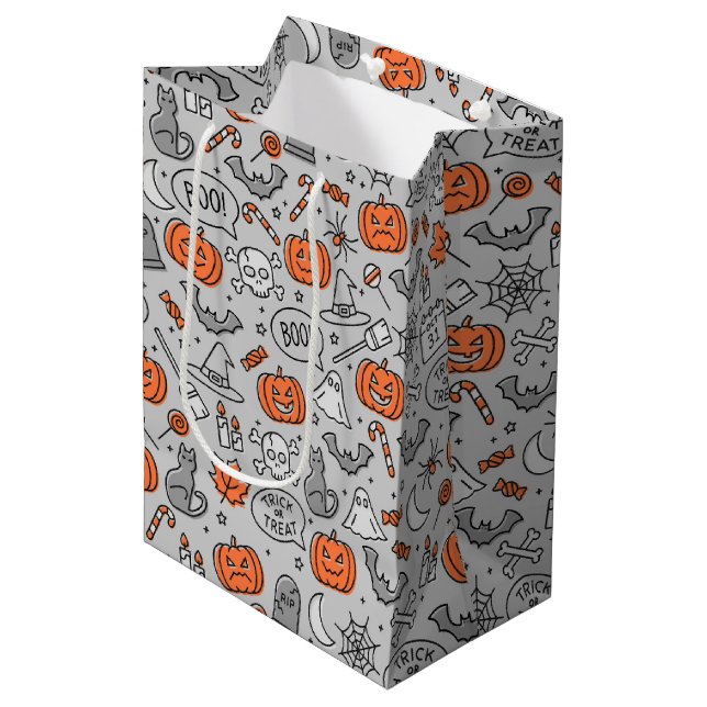 Niedlich Kids Halloween Doodle-Muster Mittlere Geschenktüte (Vorderseite Schrägansicht)