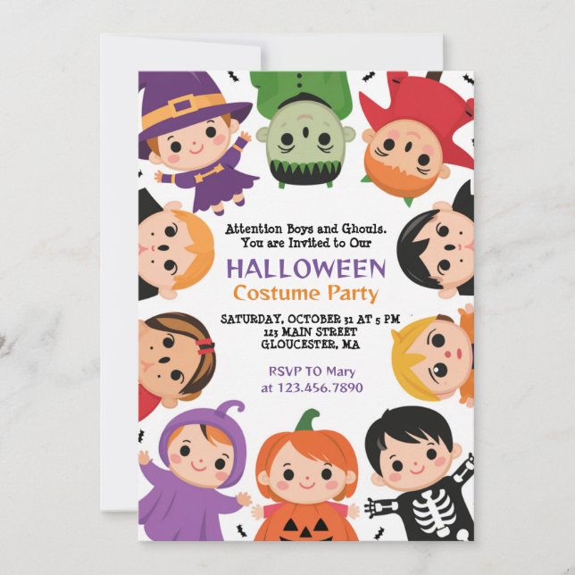 Niedlich Kids Halloween Kostümbildsche Party Einla Einladung (Vorderseite)