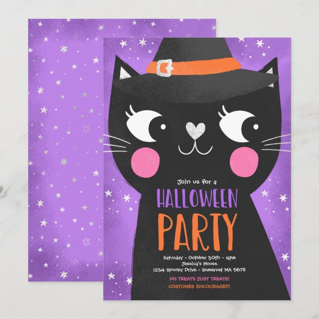 Niedlich Kids Halloween-Party Hexen Katze Spooky Einladung (Vorne/Hinten)