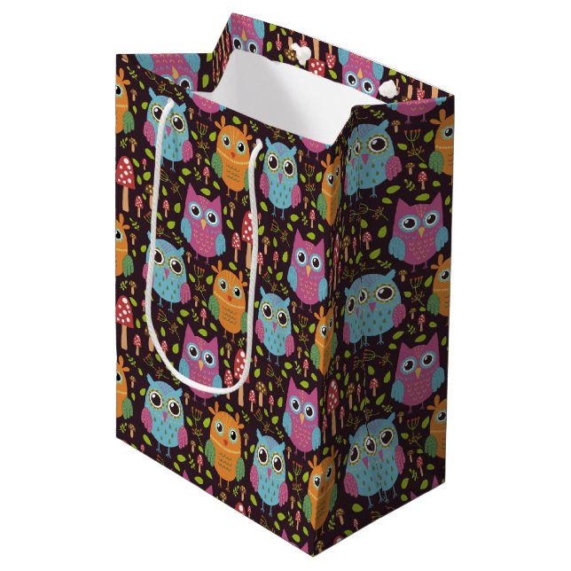 Niedlich Kids Lila Blue Orange Owls Mittlere Geschenktüte (Vorderseite Schrägansicht)