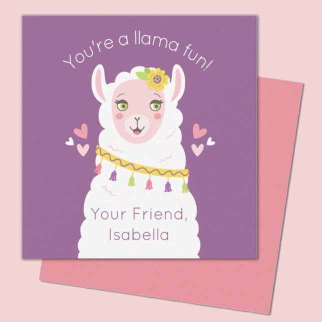 Niedlich Kids Llama Valentine Mitteilungskarte (A cute llama valentines day mini 2.5x2.5 card. Perfect for a kids classroom exchange.)