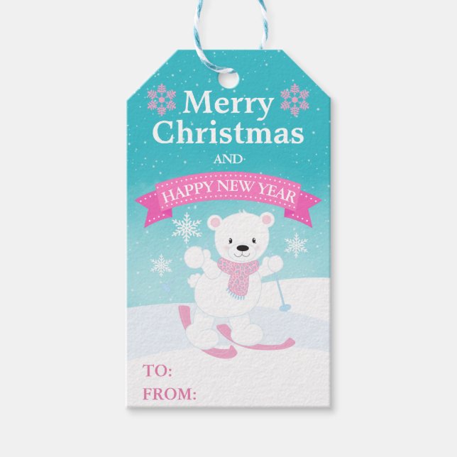 Niedlich Kids Polar Bear und Schneeflocken Weihnac Geschenkanhänger (Vorderseite)