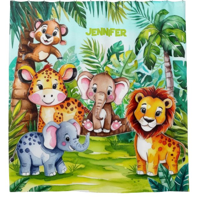 Niedlich Kids Safari Jungle Tiere Personalisierter Duschvorhang (Vorderseite)