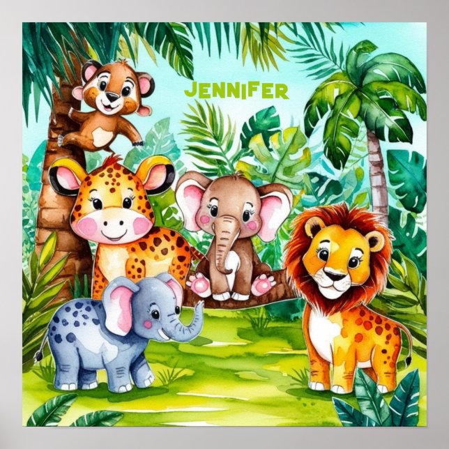 Niedlich Kids Safari Jungle Tiere Personalisierter Poster (Vorne)