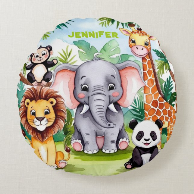 Niedlich Kids Safari Jungle Tiere Personalisierter Rundes Kissen (Vorderseite)