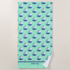 Niedlich Kids Sailboat Pattern Meeresgrün Strandtuch