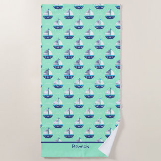 Niedlich Kids Sailboat Pattern Meeresgrün Strandtuch
