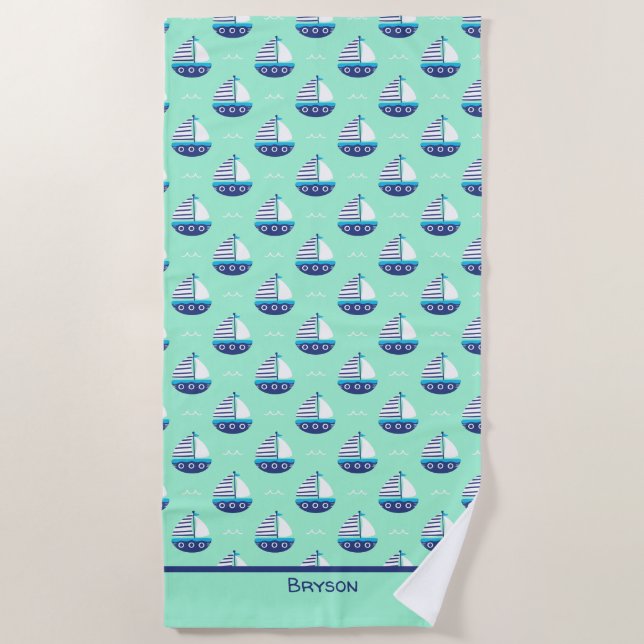 Niedlich Kids Sailboat Pattern Meeresgrün Strandtuch (Vorderseite)