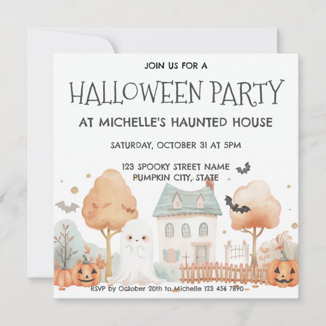 Niedlich Kids Spuk House Halloween-Party Einladung (Vorderseite)