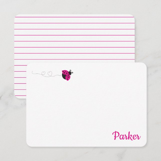 Niedlich Kids Stationery Pink Ladybug Mitteilungsk Dankeskarte (Vorne/Hinten)