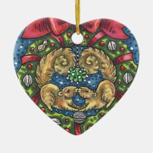 NIEDLICH KISSING SQUIRRELS UNTER MISTLETOE, ABER S KERAMIK ORNAMENT (Vorne)