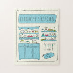 Niedlich Kitchen Illustration Blau Personalisierte<br><div class="desc">Niedliche Küchenabbildungen Personalisierter Name Puzzle</div>