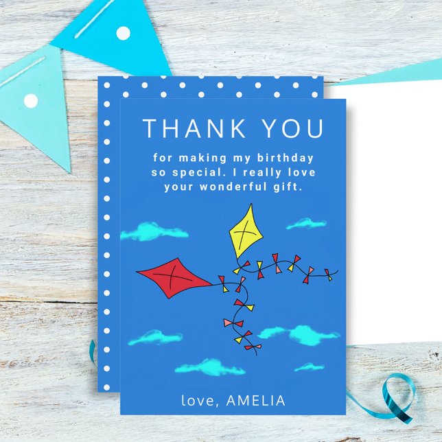 Niedlich Kites Rot Gelb mit Name Kindergeburtstag Dankeskarte (Von Creator hochgeladen)