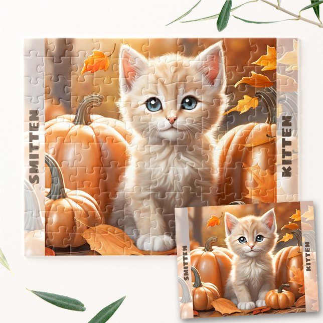 Niedlich Kitten Cat Pumpkin Herbst Individuelle Na (Cute Kitten Cat Pumpkin Fall Autumn Custom Name Jigsaw Puzzle)