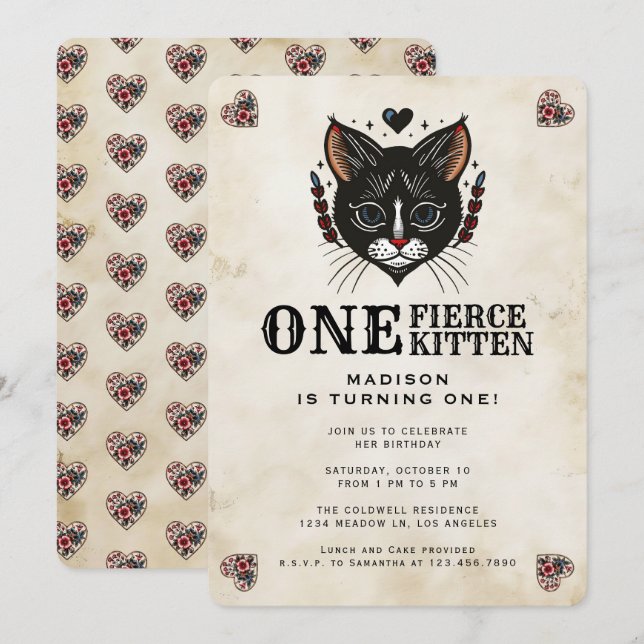Niedlich Kitten Cat Rockabilly Tattoo 1. Geburtsta Einladung (Vorne/Hinten)