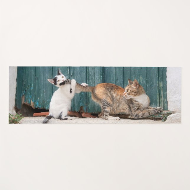 Niedlich Kitten Chasing Mama Schwanz Funny Cat Fot Yogamatte (Vorderseite (Horizontal))