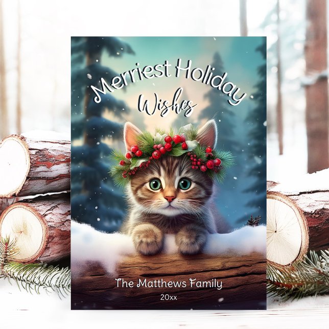 Niedlich Kitten Frostes Weihnachtsschneewald Feiertagskarte (Adorable Winter Snowy Scene With Peeking Dogs or Farm/Woodland Animals - Over 50 to Choose From!)
