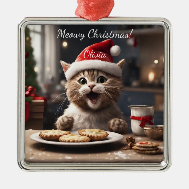 Niedlich Kitten Funny Santa Cat Weihnachten Ornament Aus Metall (Vorne)
