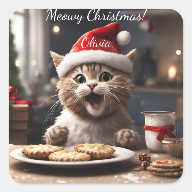 Niedlich Kitten Funny Santa Cat Weihnachten Quadratischer Aufkleber (Vorderseite)
