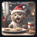 Niedlich Kitten Funny Santa Cat Weihnachten Quadratischer Aufkleber<br><div class="desc">Freuen Sie sich auf die Weihnachtszeit mit diesem niedlichen Weihnachtskatzenaufkleber! Mit einer glücklichen Katze mit festlichen Kuchen ist es perfekt für Katzenliebhaber jeden Alters. Personalisieren Sie Ihre Familie oder Ihre Freunde und genießen Sie die verspielte Touch eines Cartoon, das als Weihnachtsmann verkleidet ist. Dieser farbenfrohe und lustige Katzenweihnachtsaufkleber ist sicher,...</div>