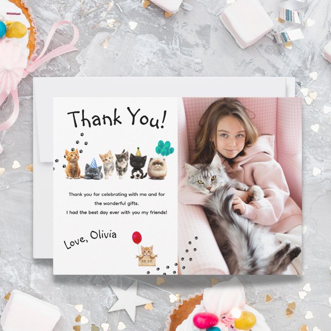 Niedlich Kitten Geburtstagsparty Flat Dankeschön K Dankeskarte (Cute Kitten Birthday Party Flat Thank You Card)