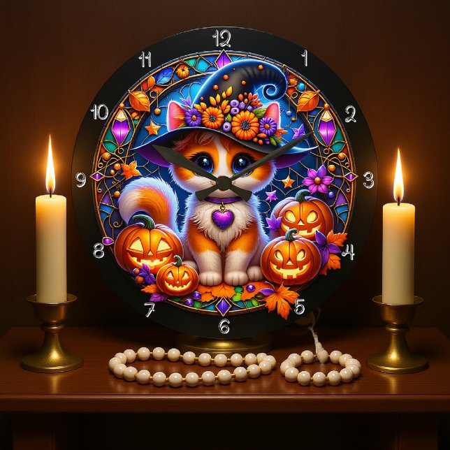 Niedlich Kitten Halloween gesteinigtes Glas Große Wanduhr (Von Creator hochgeladen)
