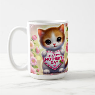 Niedlich Kitten hält Muttertagsherz auf Kaffeetasse