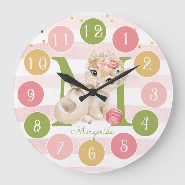 Niedlich Kitten Illustration Baby Girl Kinderzimme Große Wanduhr (Vorderseite)