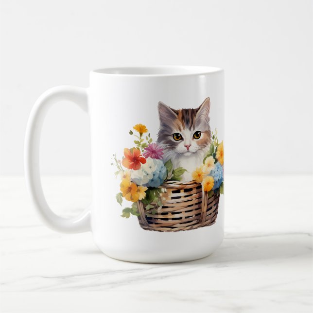 Niedlich Kitten im Korb der Blume Kaffeetasse (Links)