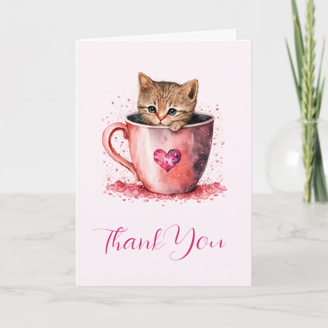 Niedlich Kitten in einem Teacup mit Herz Dankeskarte (Vorderseite)