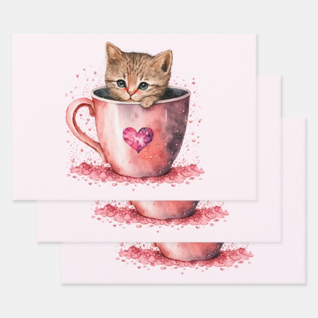 Niedlich Kitten in einem Teacup mit Herz Geschenkpapier Set (Set)