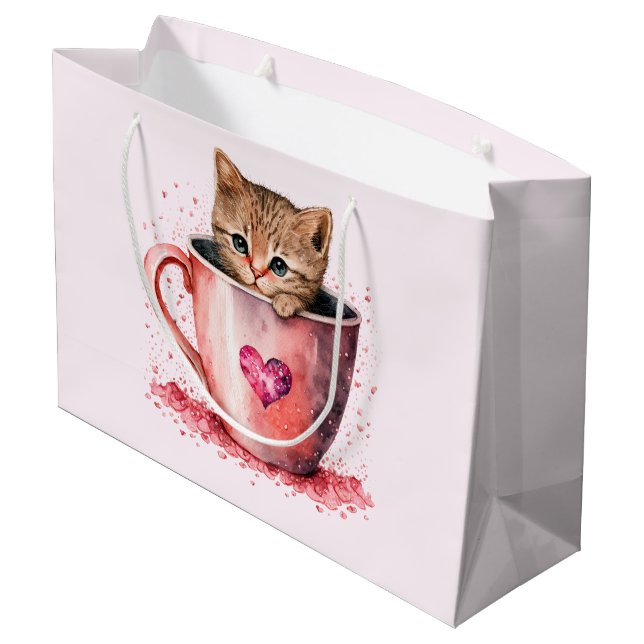 Niedlich Kitten in einem Teacup mit Herz Große Geschenktüte (Rückseite Schrägansicht)