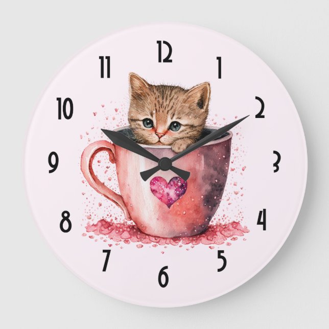 Niedlich Kitten in einem Teacup mit Herz Große Wanduhr (Vorderseite)