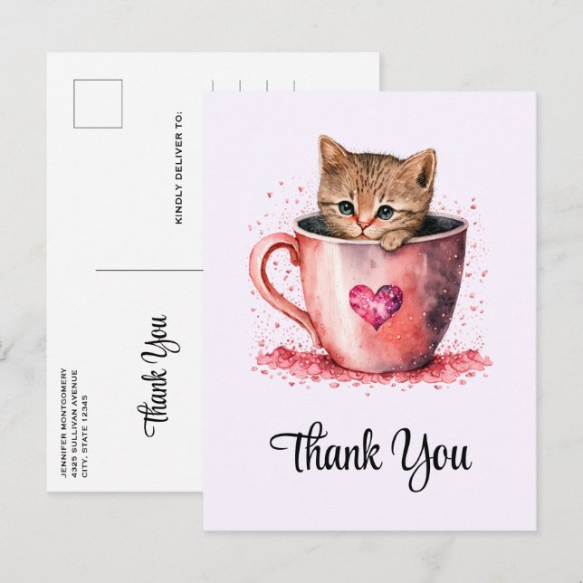 Niedlich Kitten in einem Teacup mit Herz Vielen Da Postkarte (Vorne/Hinten)
