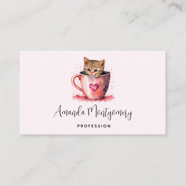 Niedlich Kitten in einem Teacup mit Herz Visitenkarte (Vorderseite)