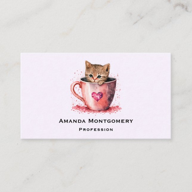 Niedlich Kitten in einem Teacup mit Herz Visitenkarte (Vorderseite)