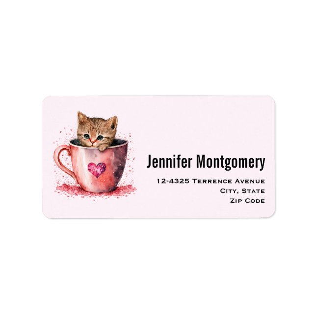Niedlich Kitten in einem Teacup mit Herzadresse Adressaufkleber (Vorne)