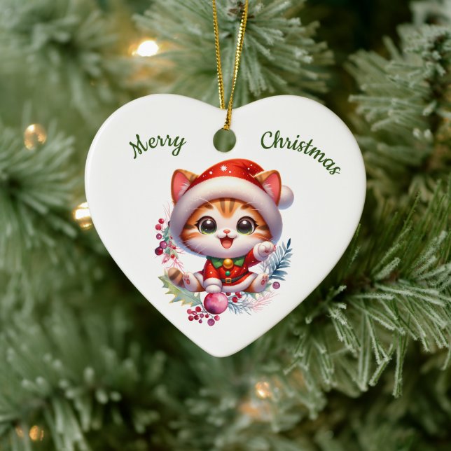 Niedlich Kitten in Santa Costume Weihnachten Keramik Ornament (Baum)