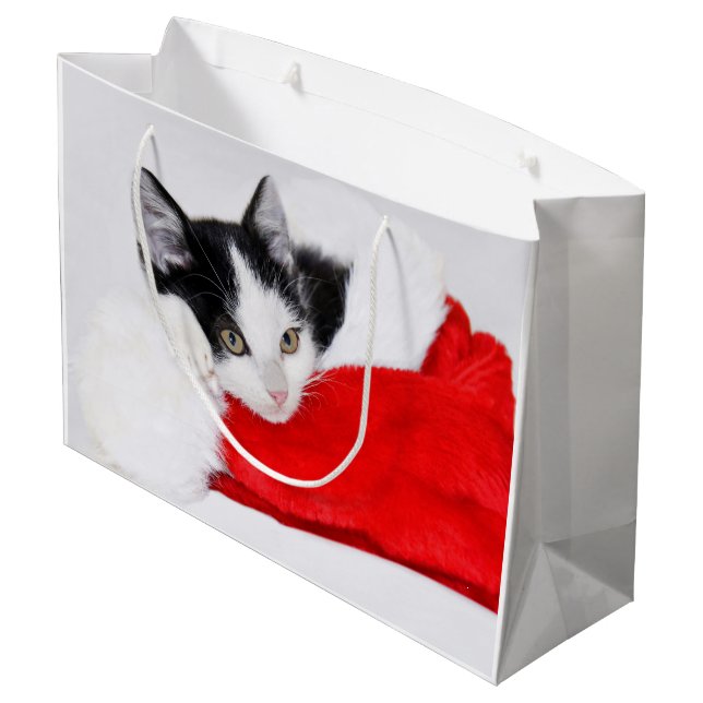 Niedlich Kitten in Weihnachtsmannmütze Große Geschenktüte (Rückseite Schrägansicht)