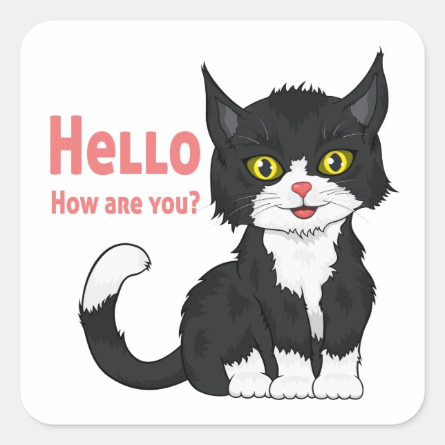 Niedlich Kitten Kitten Cartoon Black Cat Hallo Quadratischer Aufkleber (Vorderseite)
