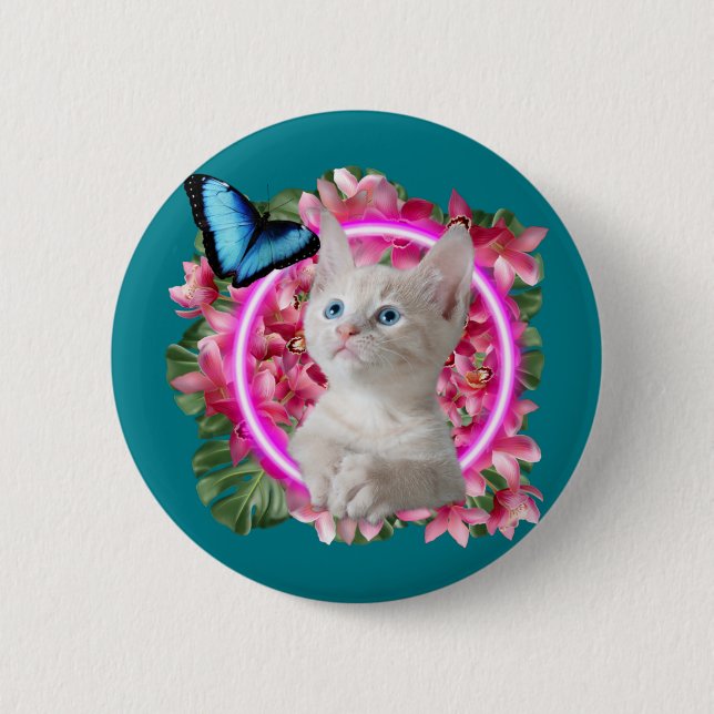 Niedlich Kitten mit blauem Schmetterling auf neont Button (Vorderseite)