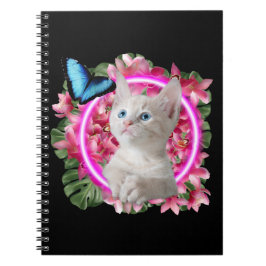 Niedlich Kitten mit blauem Schmetterling auf neont Notizblock